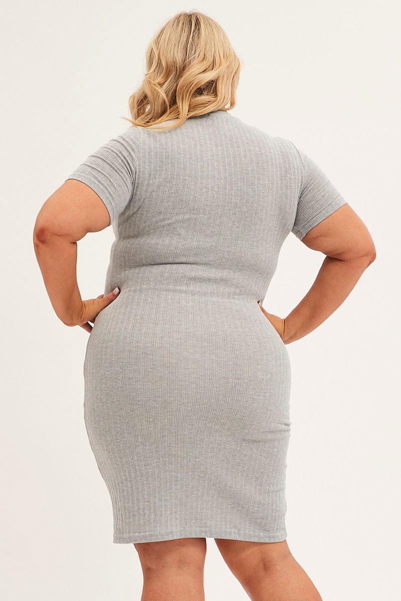 GREY Midi Dress Short Sleeve Rib Jersey Bodycon