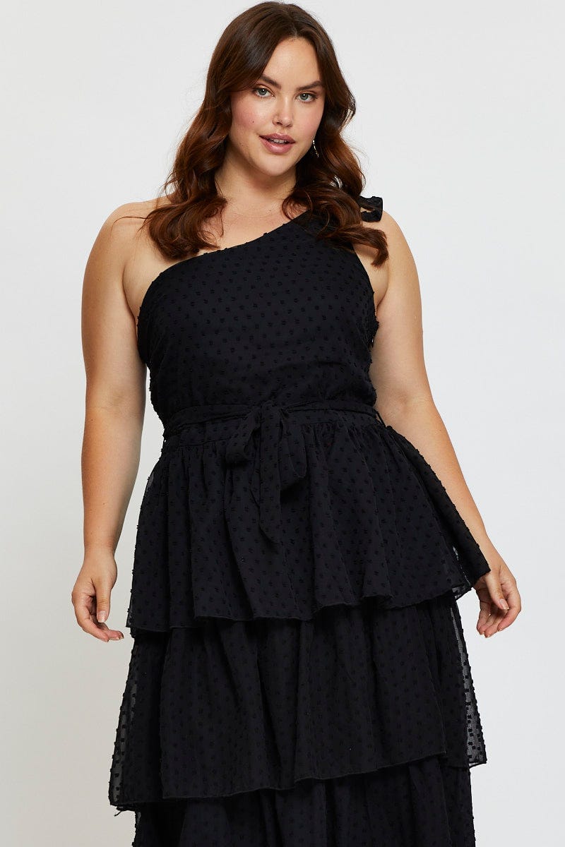Plus Size Black Midi Dress One Shoulder Sleeveless You All
