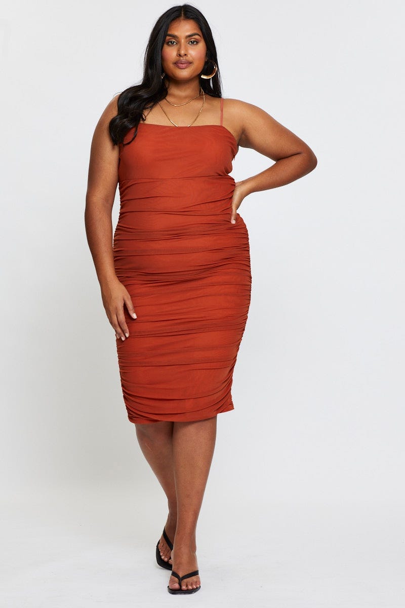 Rust Bodycon Dress Square Neck Sleeveless Midi For Women By You And All