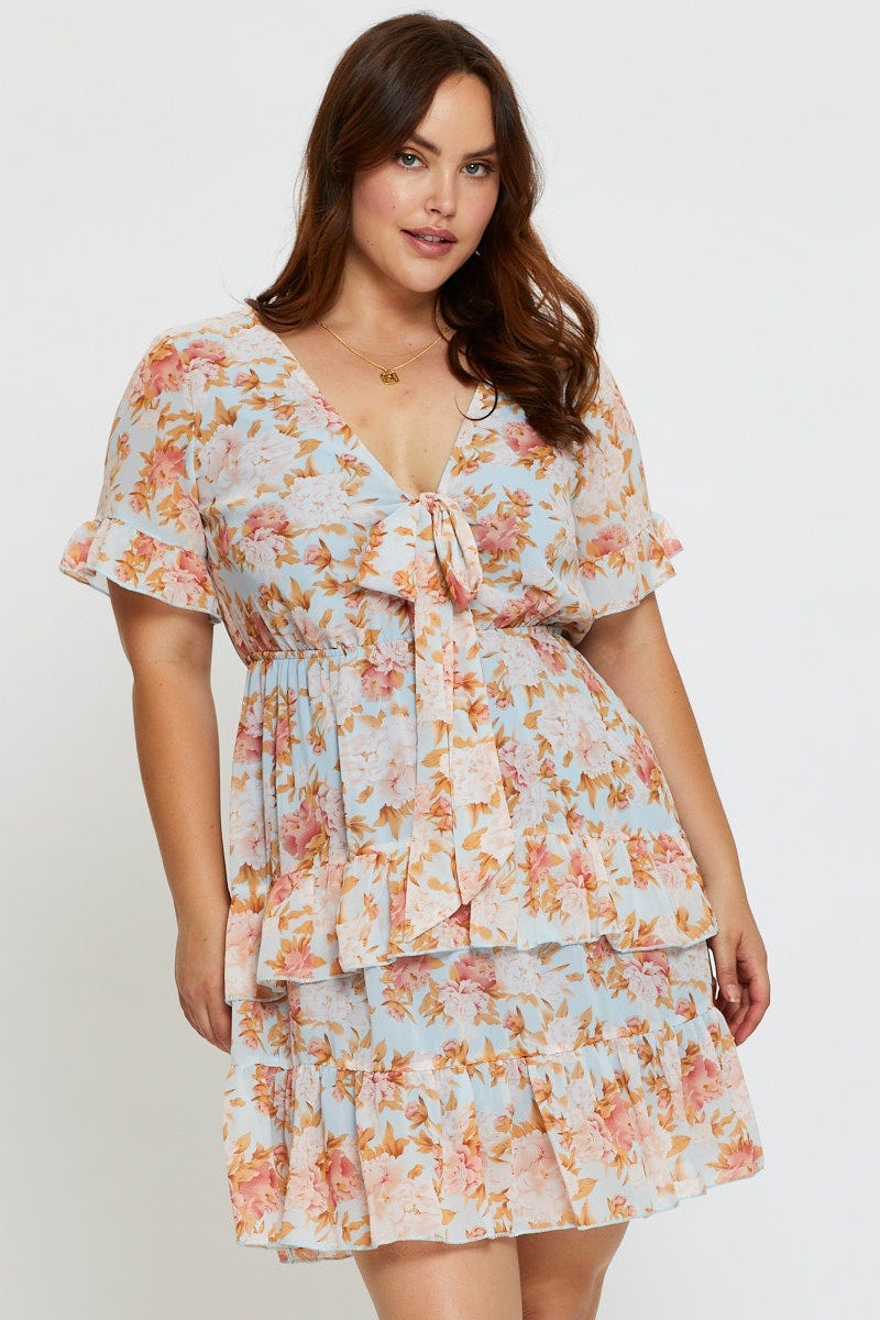 Floral Prt Skater Dress V-Neck Short Sleeve For Women By You And All