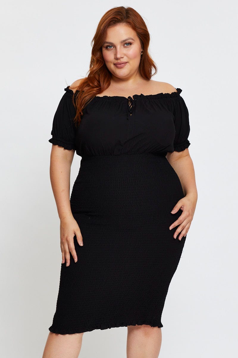 Black Short Sleeve Bardot Black Shirred Bodycon Dress For Women By You And All