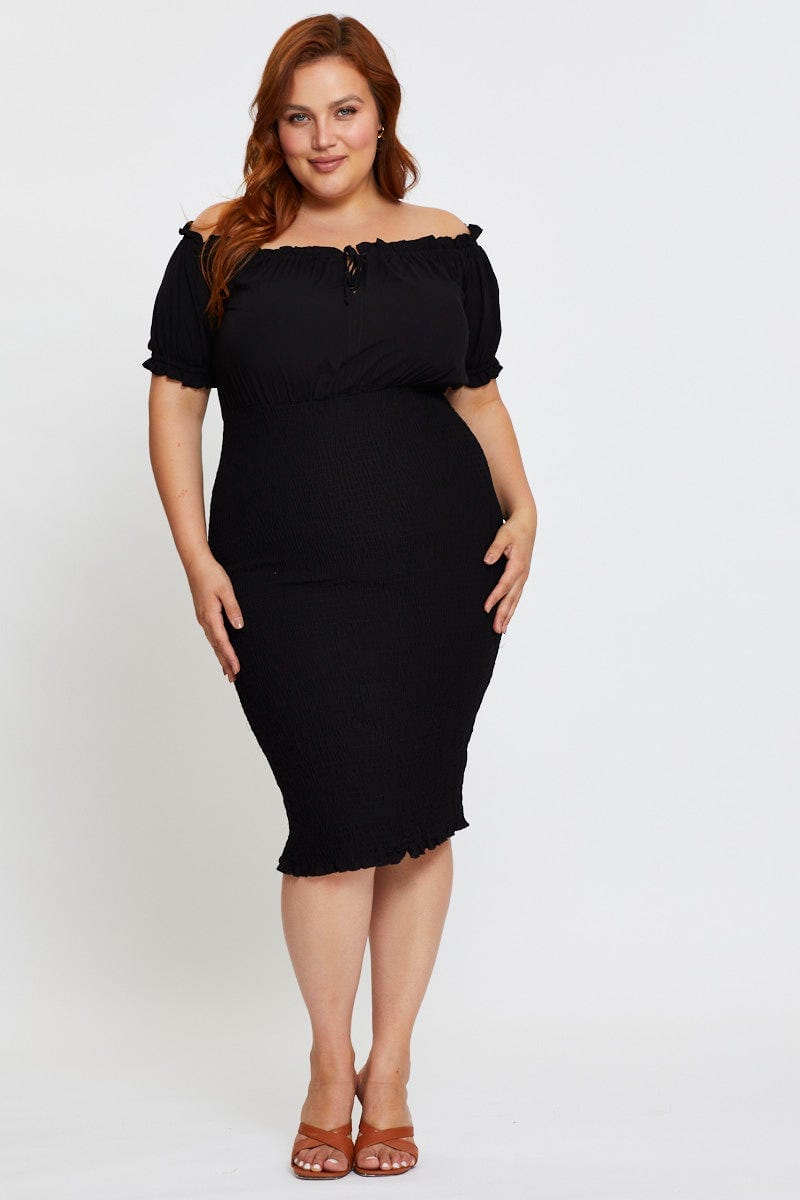 Black Short Sleeve Bardot Black Shirred Bodycon Dress For Women By You And All