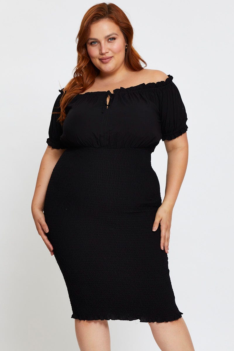 Black Short Sleeve Bardot Black Shirred Bodycon Dress For Women By You And All