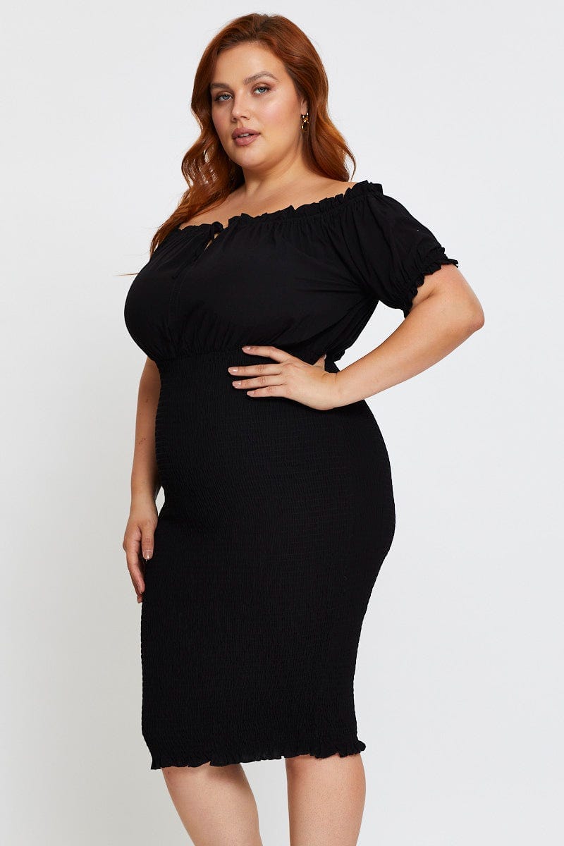 Black Short Sleeve Bardot Black Shirred Bodycon Dress For Women By You And All