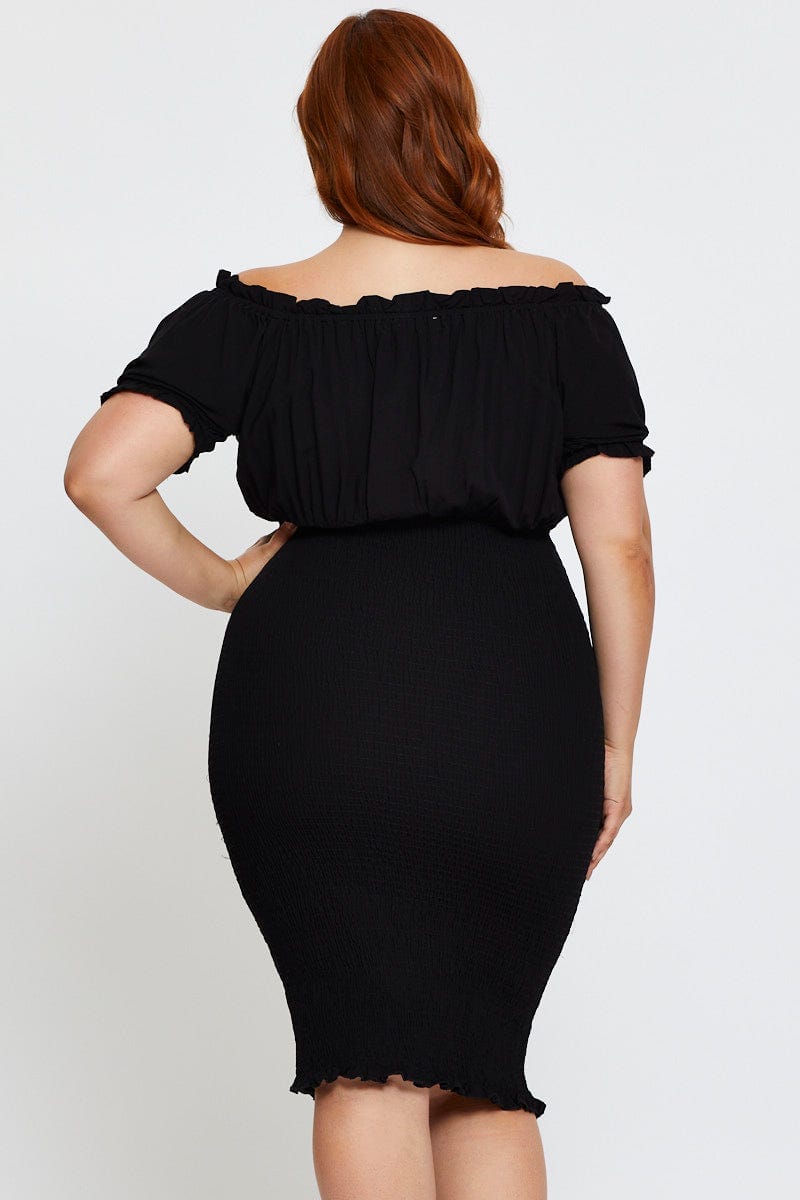 Black Short Sleeve Bardot Black Shirred Bodycon Dress For Women By You And All