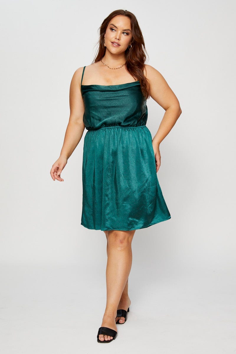 Green Mini Satin Dress Cowl Neck Sleeveless For Women By You And All