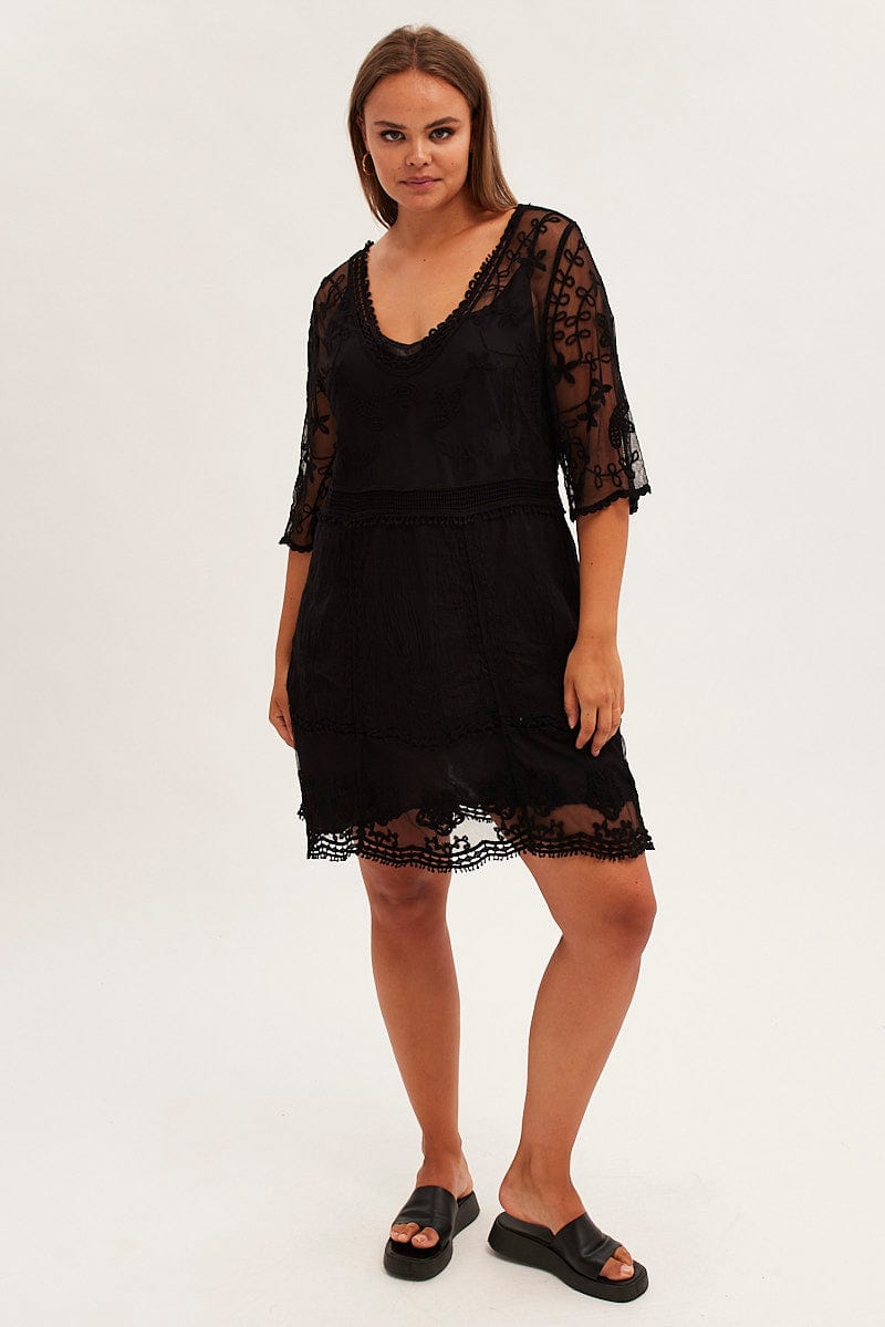 Black Lace Dress Embroidered Short Sleeve With Slip for YouandAll Fashion