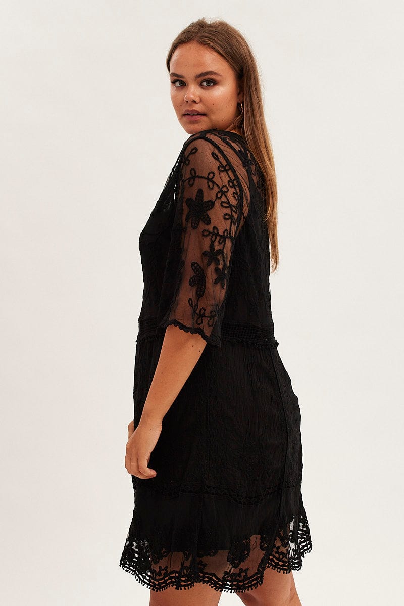 Black Lace Dress Embroidered Short Sleeve With Slip for YouandAll Fashion