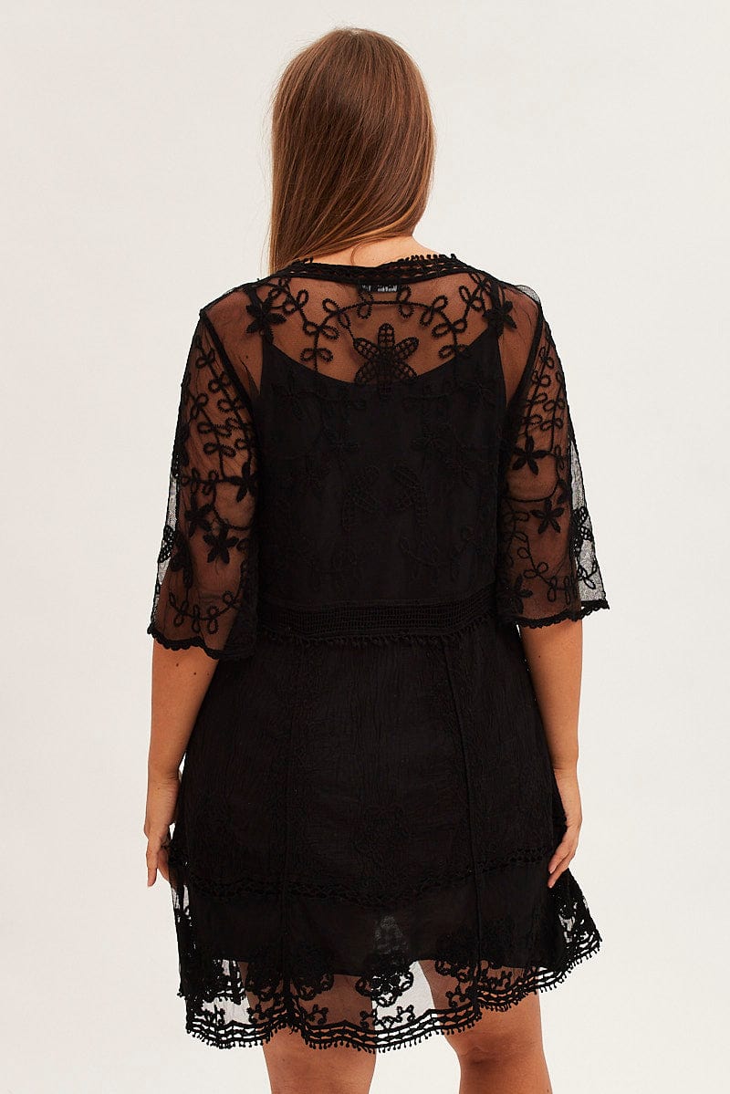 Black Lace Dress Embroidered Short Sleeve With Slip for YouandAll Fashion