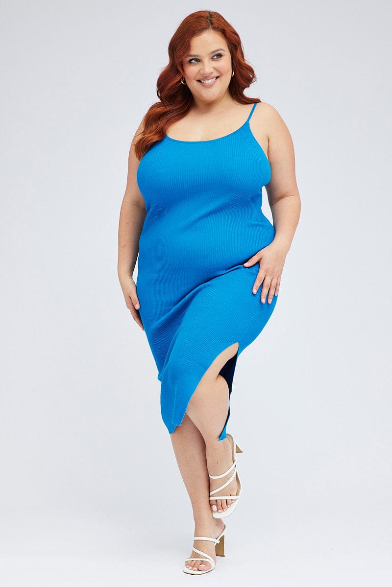 Blue Midi Knit Bodycon Dress Scoop Neck Sleeveless for YouandAll Fashion