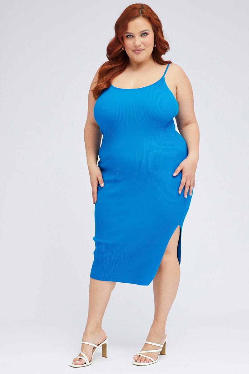 Plus Size Blue Midi Knit Bodycon Dress Scoop Neck Sleeveless You