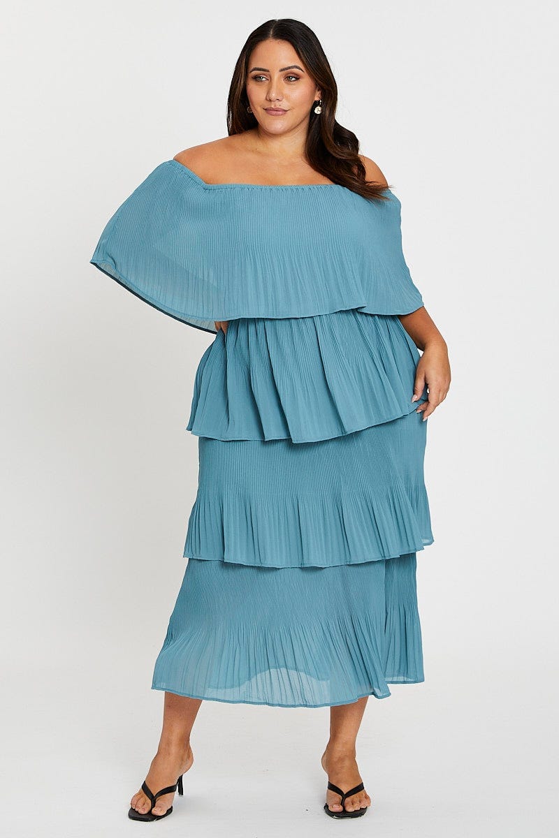 Blue Off Shoulder Pleated Midi Dress For Women By You And All