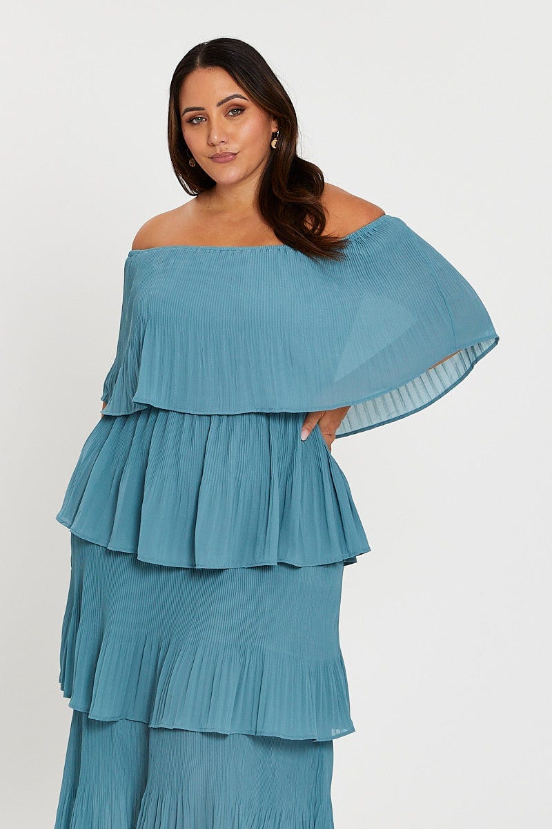 Blue Off Shoulder Pleated Midi Dress For Women By You And All