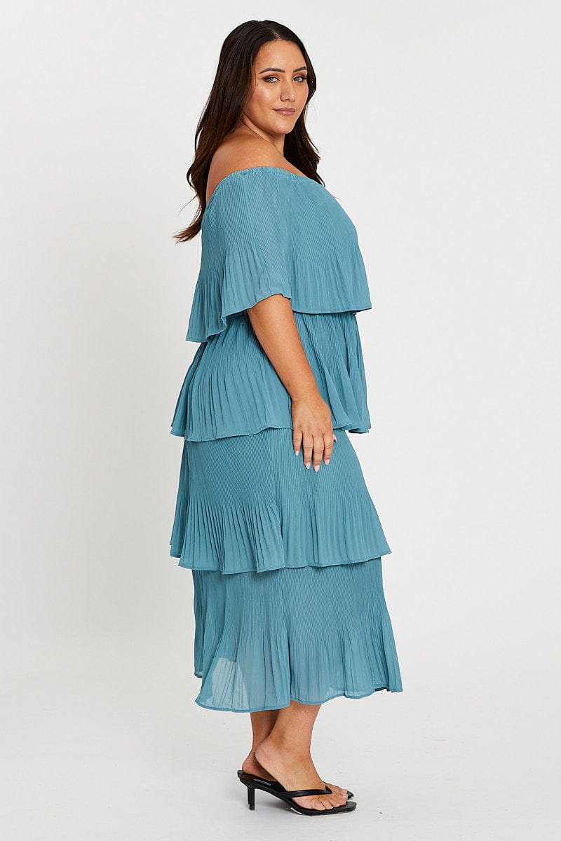 Blue Off Shoulder Pleated Midi Dress