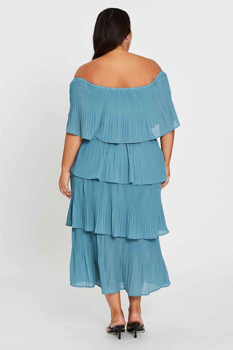 Blue Off Shoulder Pleated Midi Dress