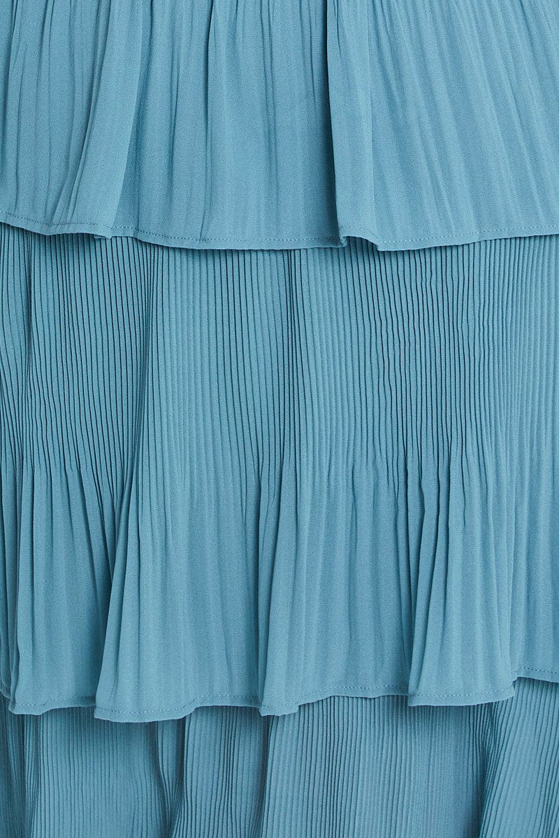 Blue Off Shoulder Pleated Midi Dress