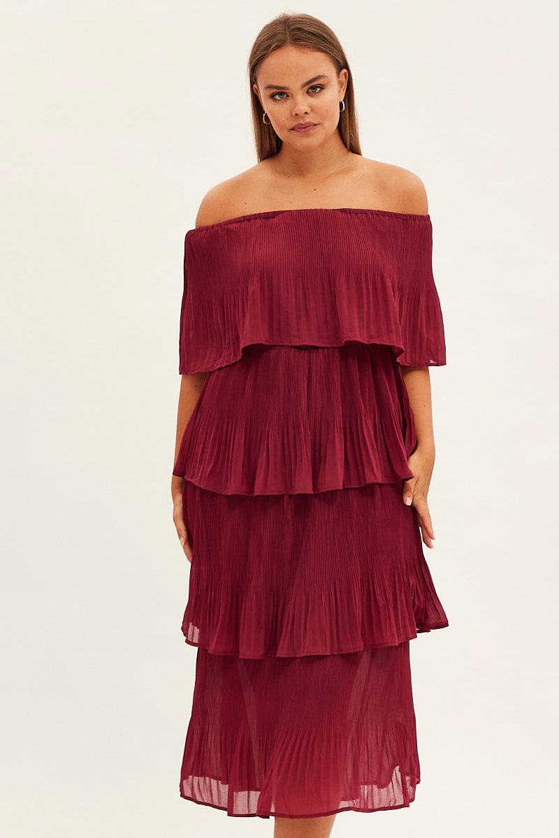 Red Off Shoulder Pleated Midi Dress for YouandAll Fashion