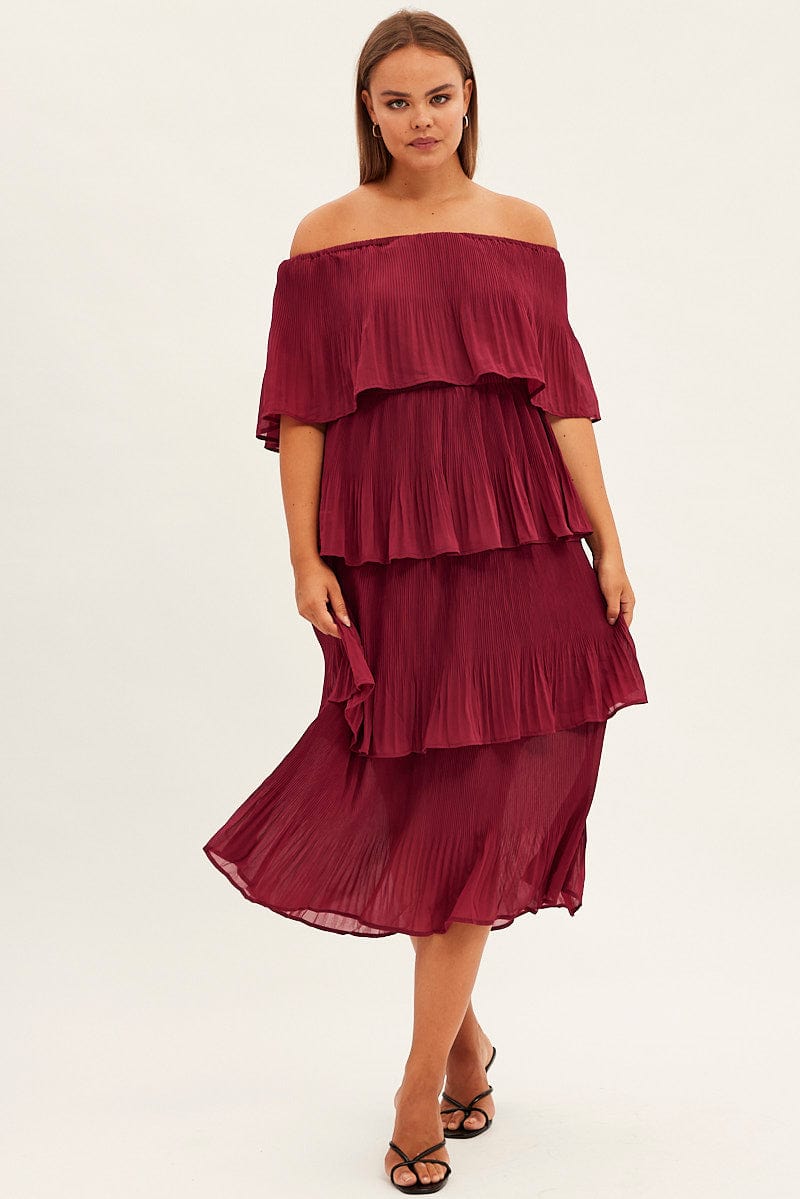 Red Off Shoulder Pleated Midi Dress for YouandAll Fashion