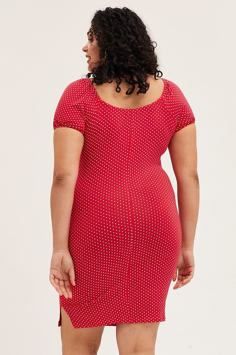 Plus Size Polka Dot Short Puff Sleeve Red Spot Bodycon Dress | You + All | Shop Online | You & All Plus Size Polka Dot Short Puff Sleeve Red Spot Bodycon Dress | You + All | Shop Online | You & All
