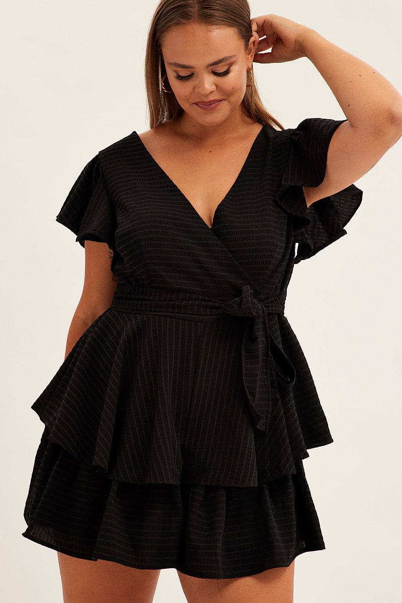 BLACK Short Playsuit Flare Sleeve Textured Stripe for YouandAll Fashion