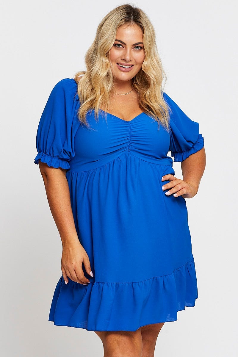 Mid Blue Short Puff Sleeve Gather Frill Hem Dress For Women By You And All