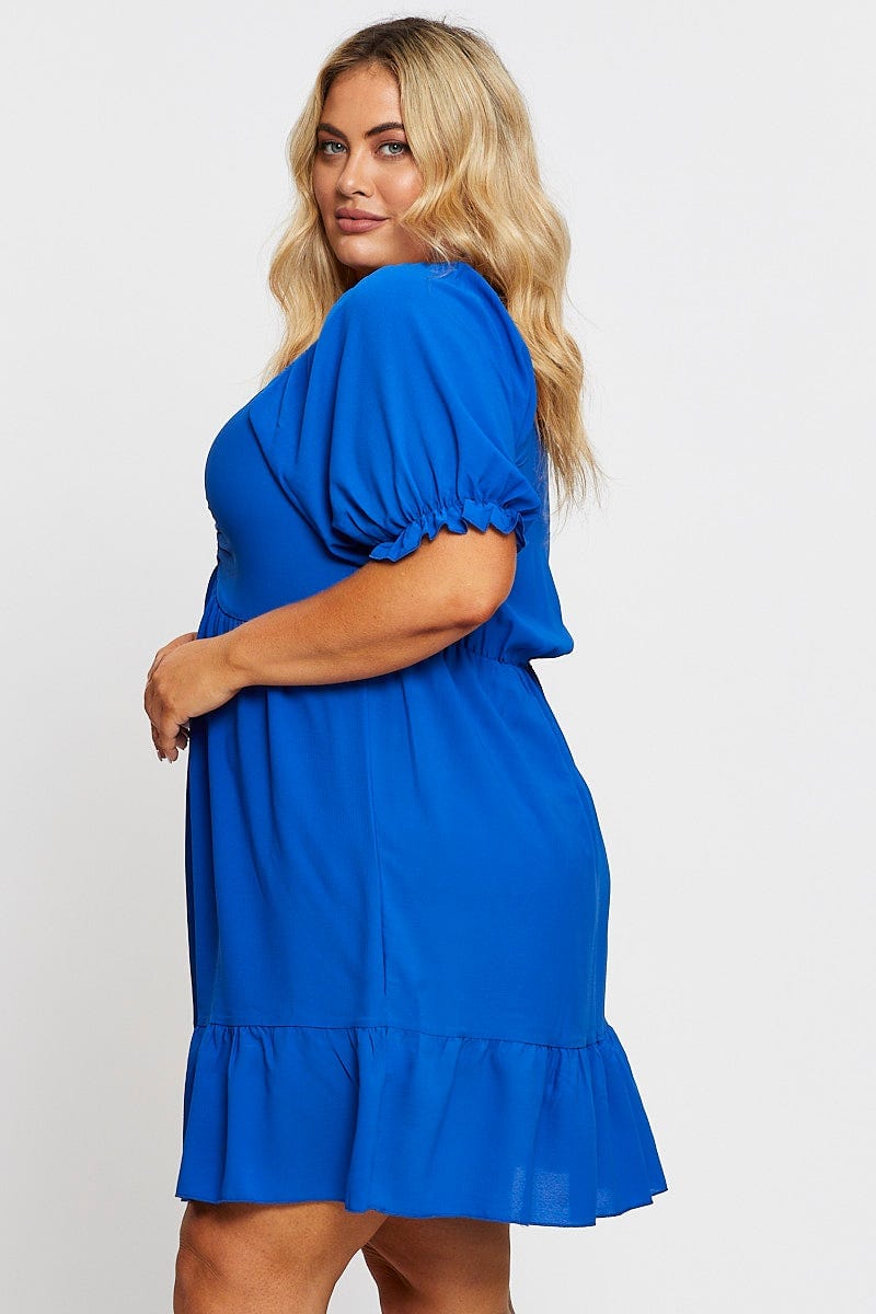 Mid Blue Short Puff Sleeve Gather Frill Hem Dress For Women By You And All