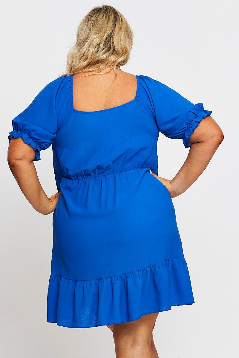 Mid Blue Short Puff Sleeve Gather Frill Hem Dress For Women By You And All