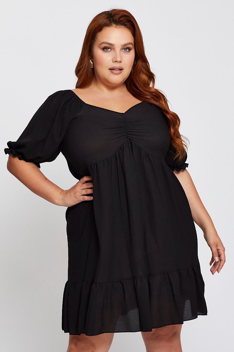 Black Short Puff Sleeve Gather Frill Hem Dress For Women By You And All
