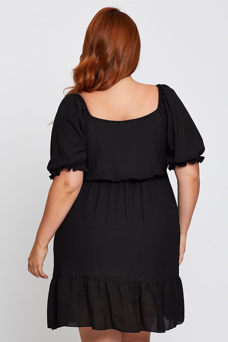 Plus Size Black Short Puff Sleeve Gather Frill Hem Dress You