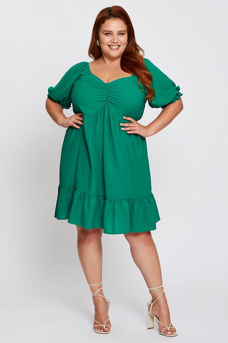 Green Short Puff Sleeve Gather Frill Hem Dress for Women by You and All