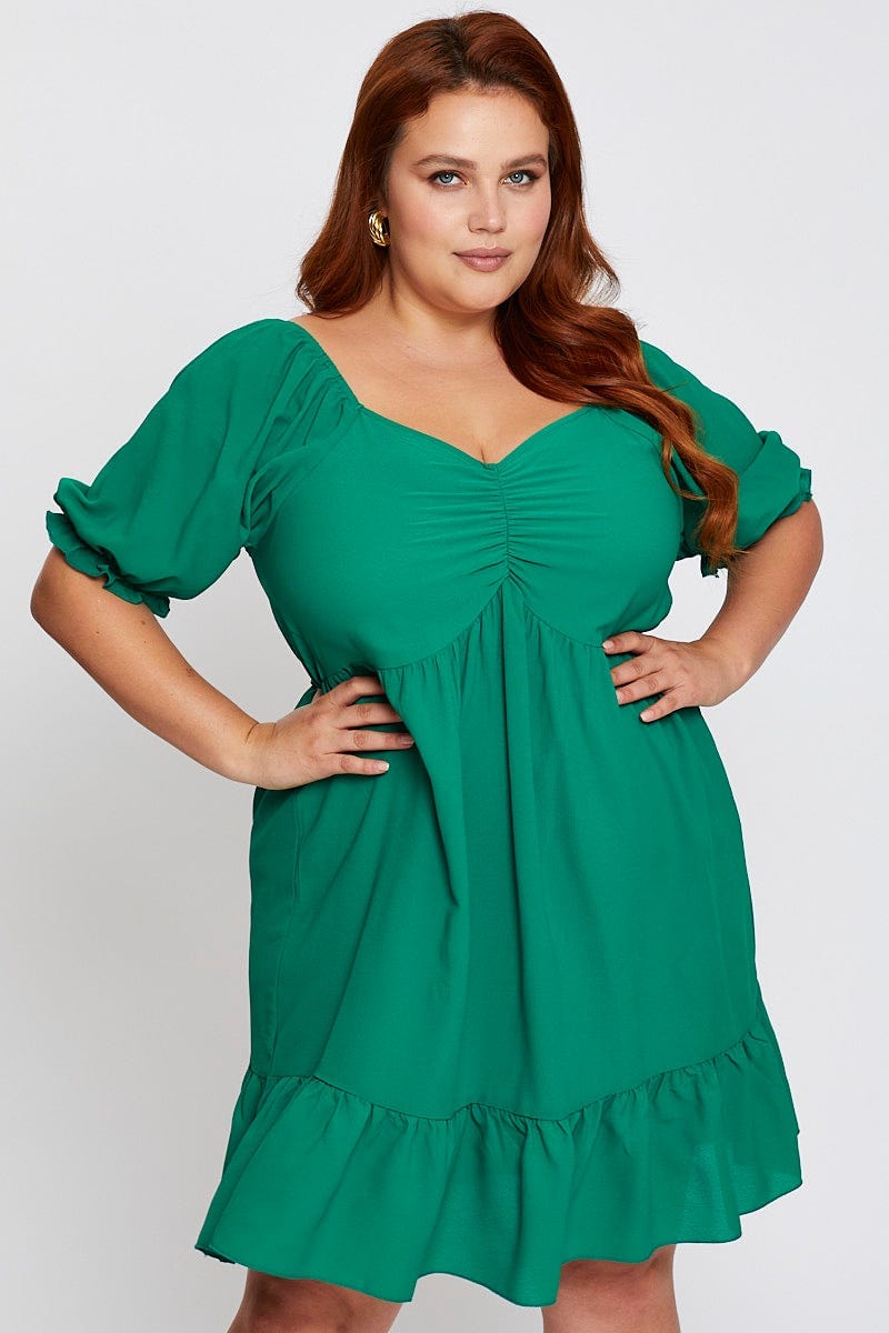 Green Short Puff Sleeve Gather Frill Hem Dress for Women by You and All