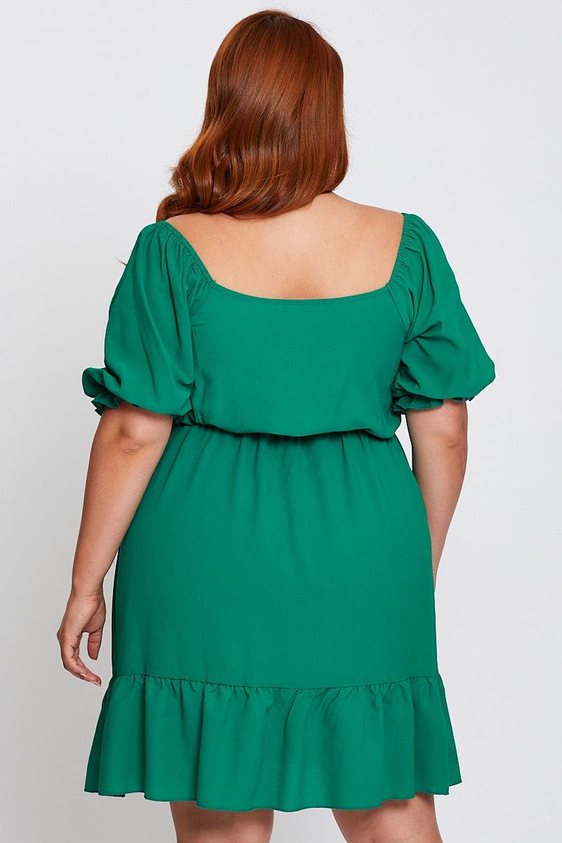 Green Short Puff Sleeve Gather Frill Hem Dress for Women by You and All