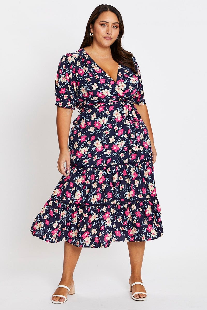 Floral Prt Short Sleeve Puff Sleeve Midi Dress For Women By You And All