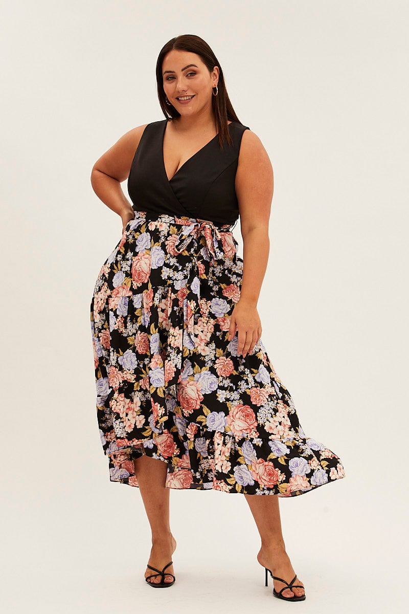 Print Floral Maxi Dress Plain Bodice V Neck Frill Skirt for YouandAll Fashion