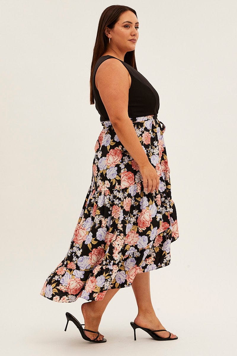 Print Floral Maxi Dress Plain Bodice V Neck Frill Skirt for YouandAll Fashion