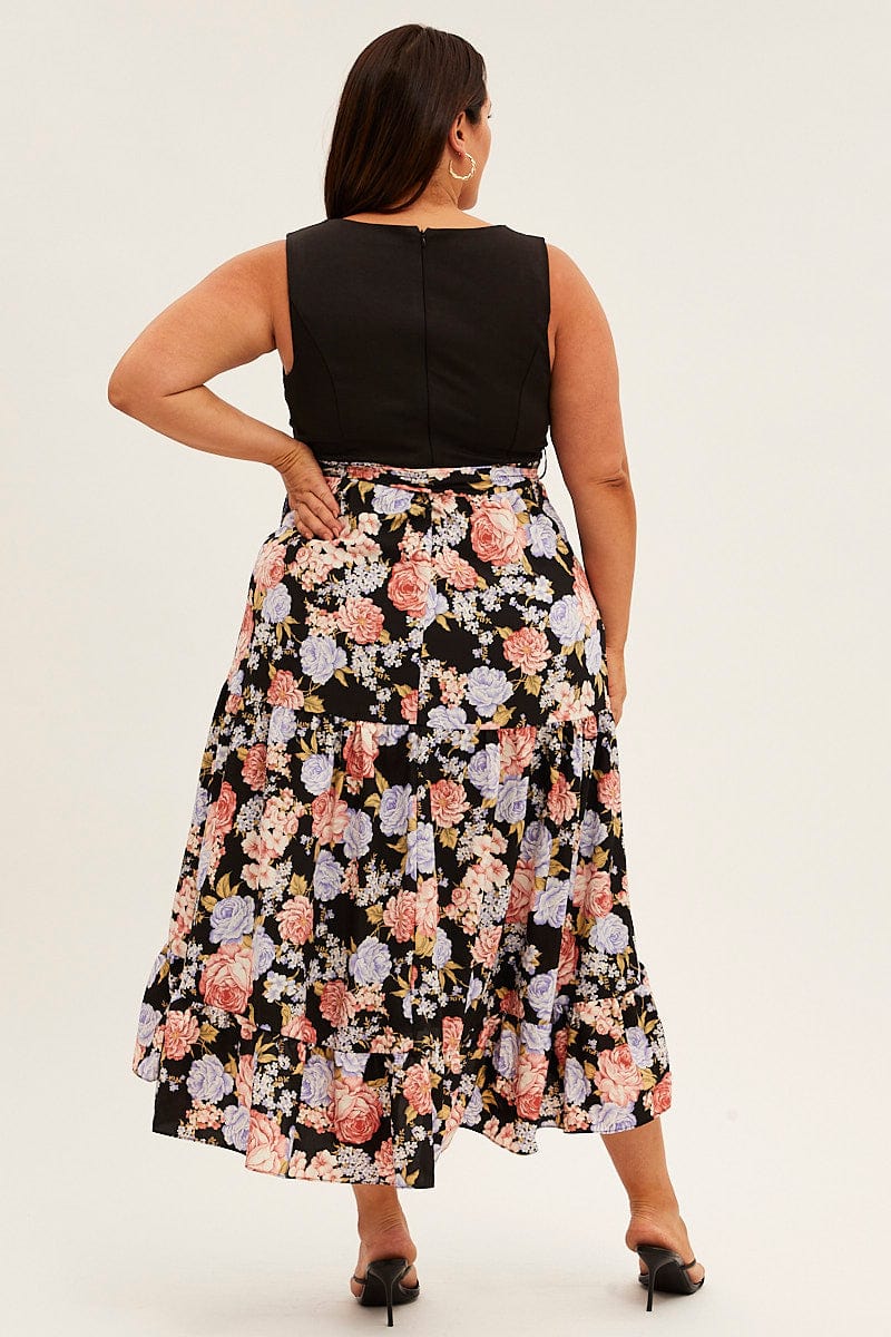 Print Floral Maxi Dress Plain Bodice V Neck Frill Skirt for YouandAll Fashion