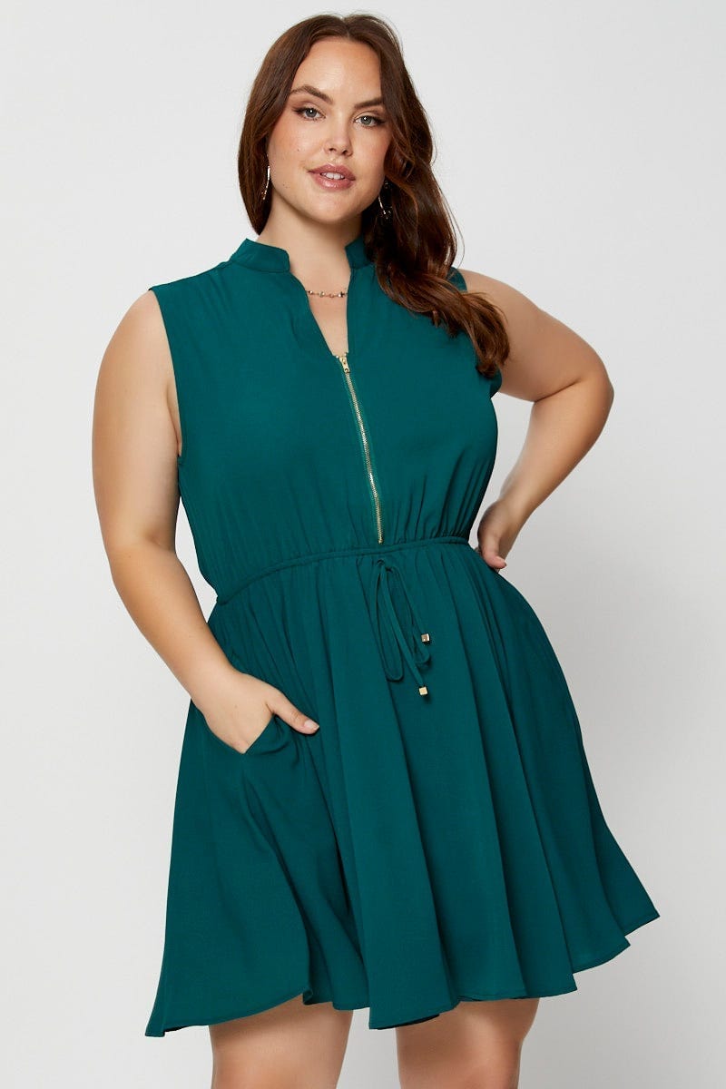 Green Shirt Dress V-Neck Sleeveless Button For Women By You And All