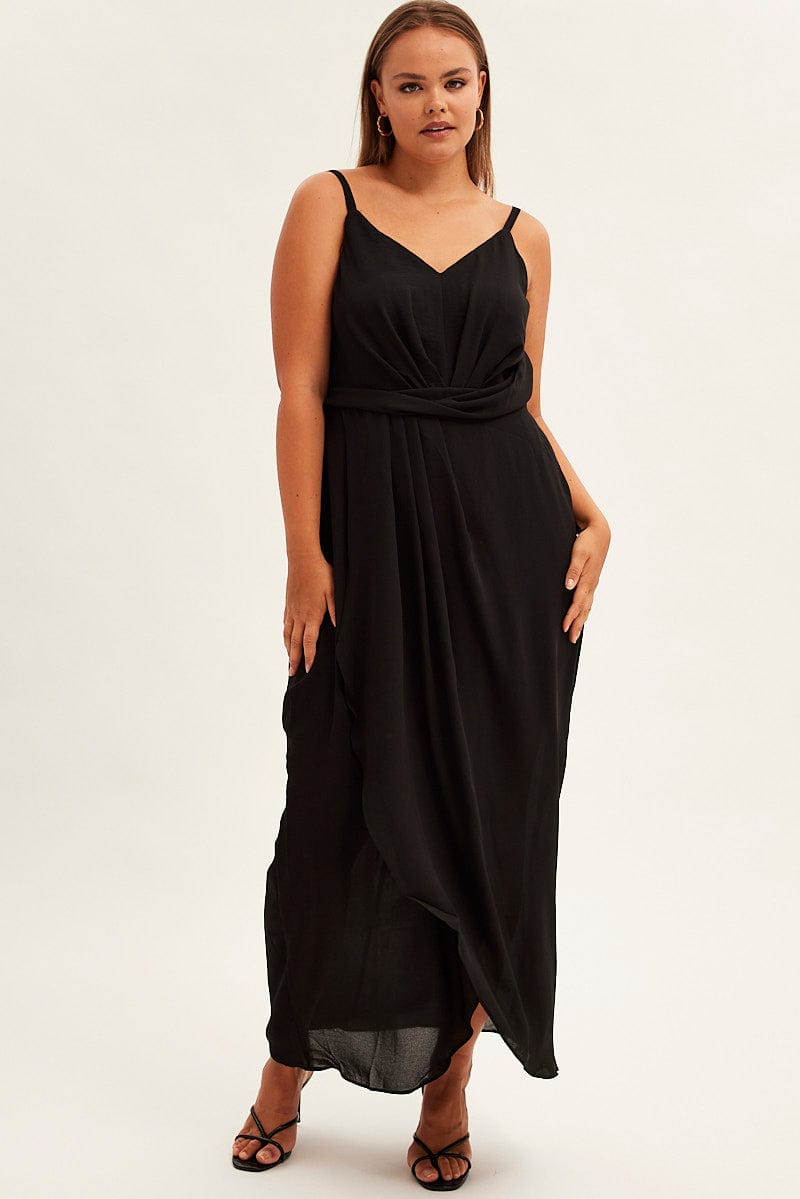 Black Midi Dress Strappy Sleeveless Chiffon Draped for YouandAll Fashion