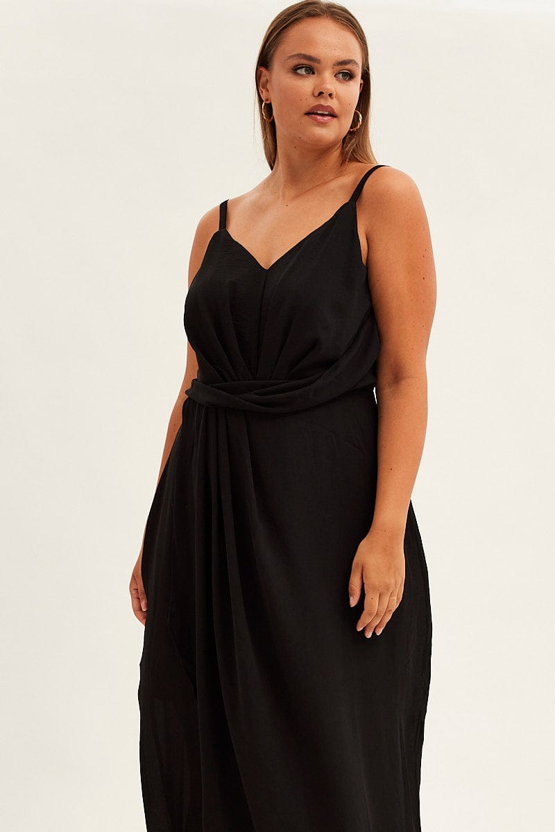 Black Midi Dress Strappy Sleeveless Chiffon Draped for YouandAll Fashion