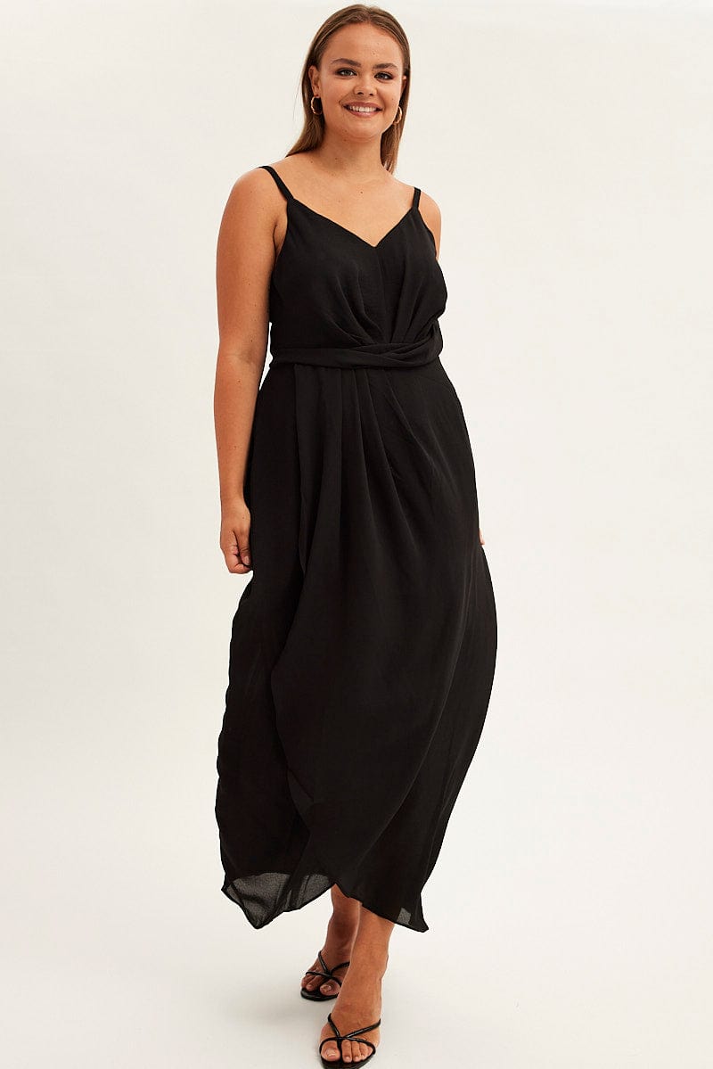 Black Midi Dress Strappy Sleeveless Chiffon Draped for YouandAll Fashion