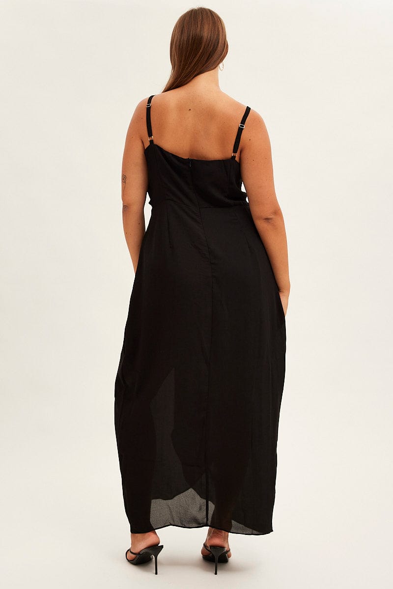 Black Midi Dress Strappy Sleeveless Chiffon Draped for YouandAll Fashion