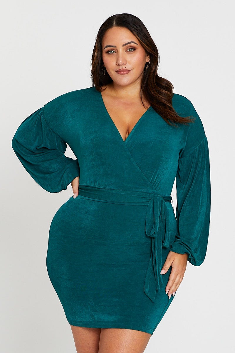 Green Mini Bodycon Dress V-Neck Long Sleeve Jersey For Women By You And All