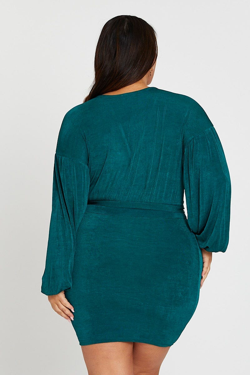 Green Mini Bodycon Dress V-Neck Long Sleeve Jersey For Women By You And All