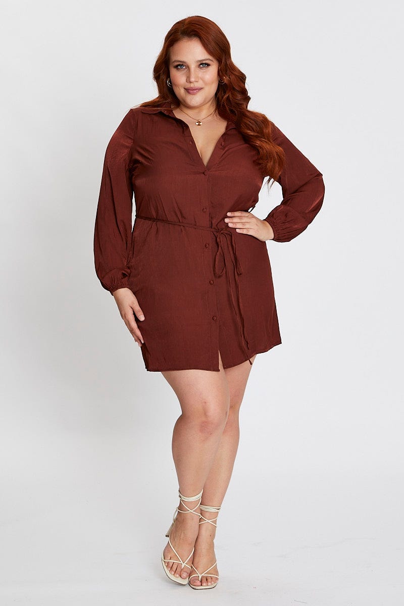 Brown Long Sleeve Tie Waist Shirtdress for Women by You and All