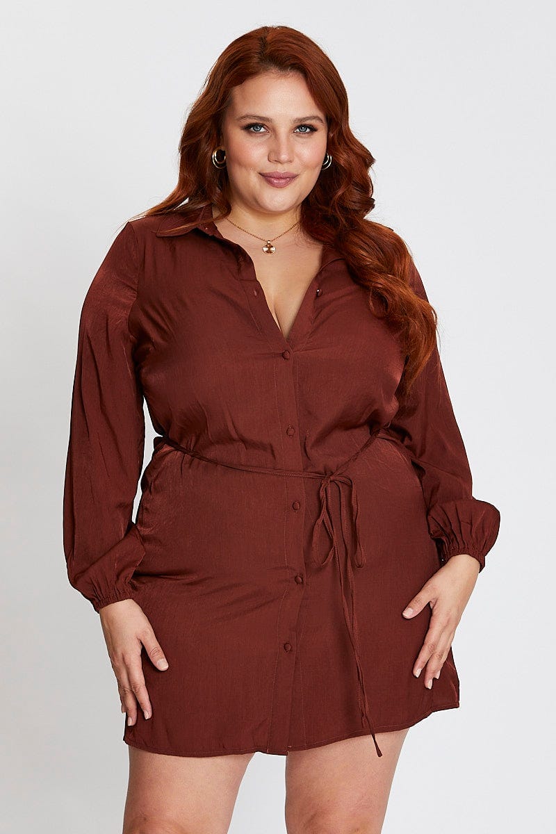 Plus Size Brown Long Sleeve Tie Waist Shirtdress |You + All | Shop Online | You & All Plus Size Brown Long Sleeve Tie Waist Shirtdress |You + All | Shop Online | You & All