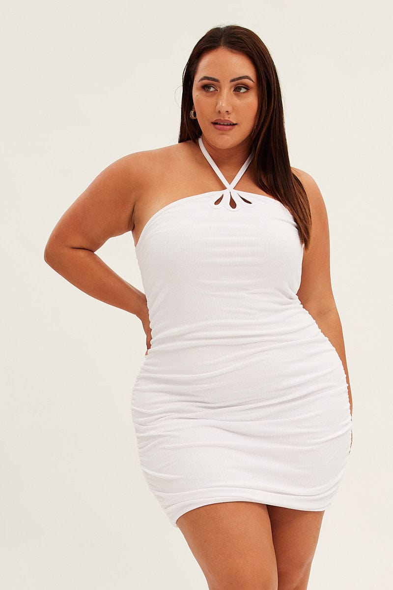 White Mini Dress Sleeveless Halter Keyhole Detail for YouandAll Fashion