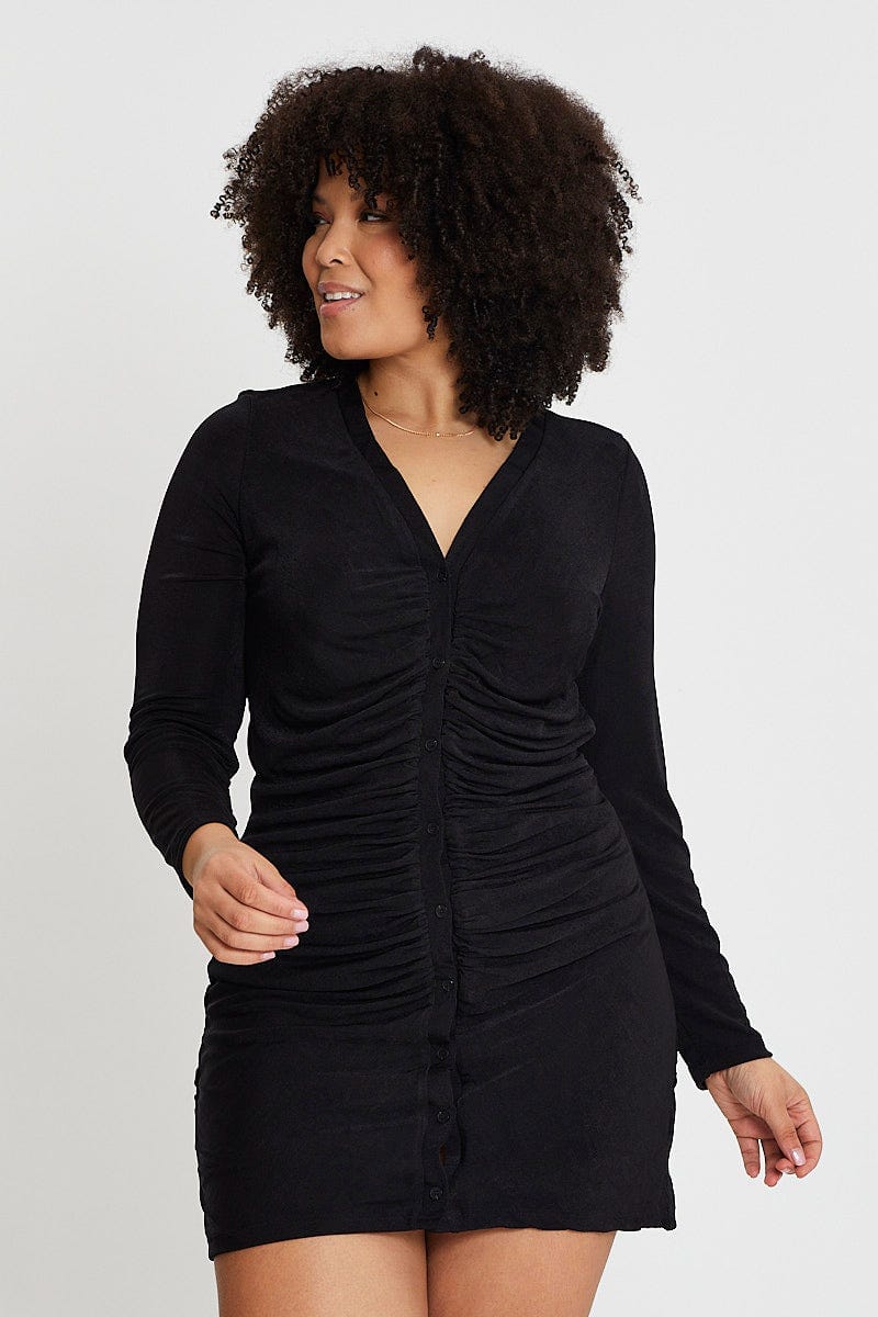 Black Long Sleeve Slinky Jersey Button Dress For Women By You And All