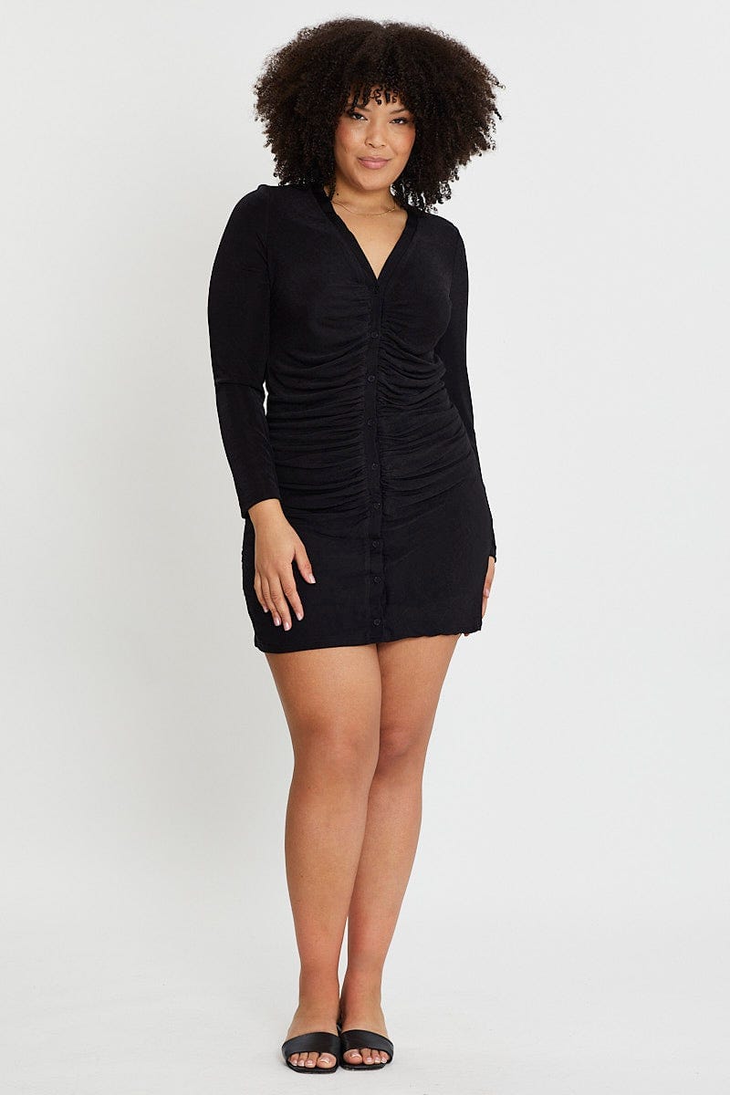 Black Long Sleeve Slinky Jersey Button Dress For Women By You And All