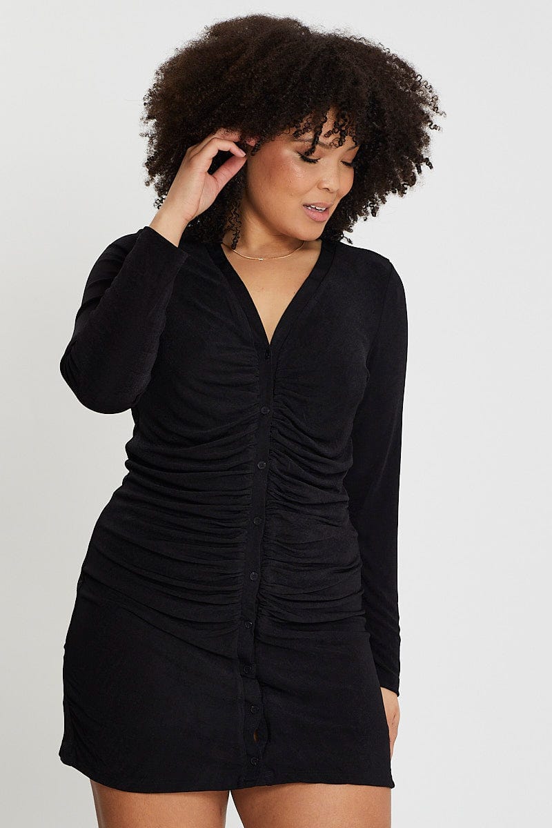 Black Long Sleeve Slinky Jersey Button Dress For Women By You And All