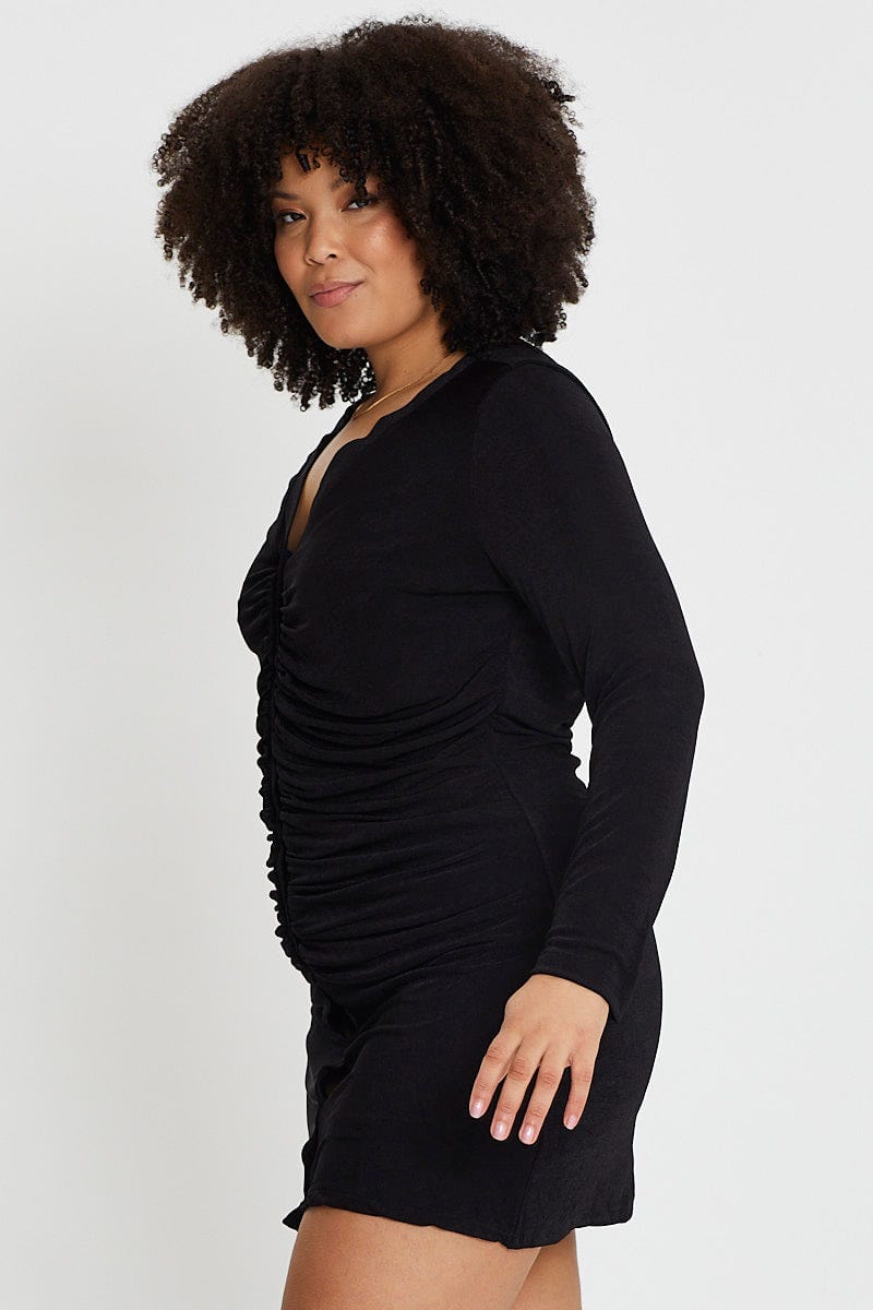 Black Long Sleeve Slinky Jersey Button Dress For Women By You And All